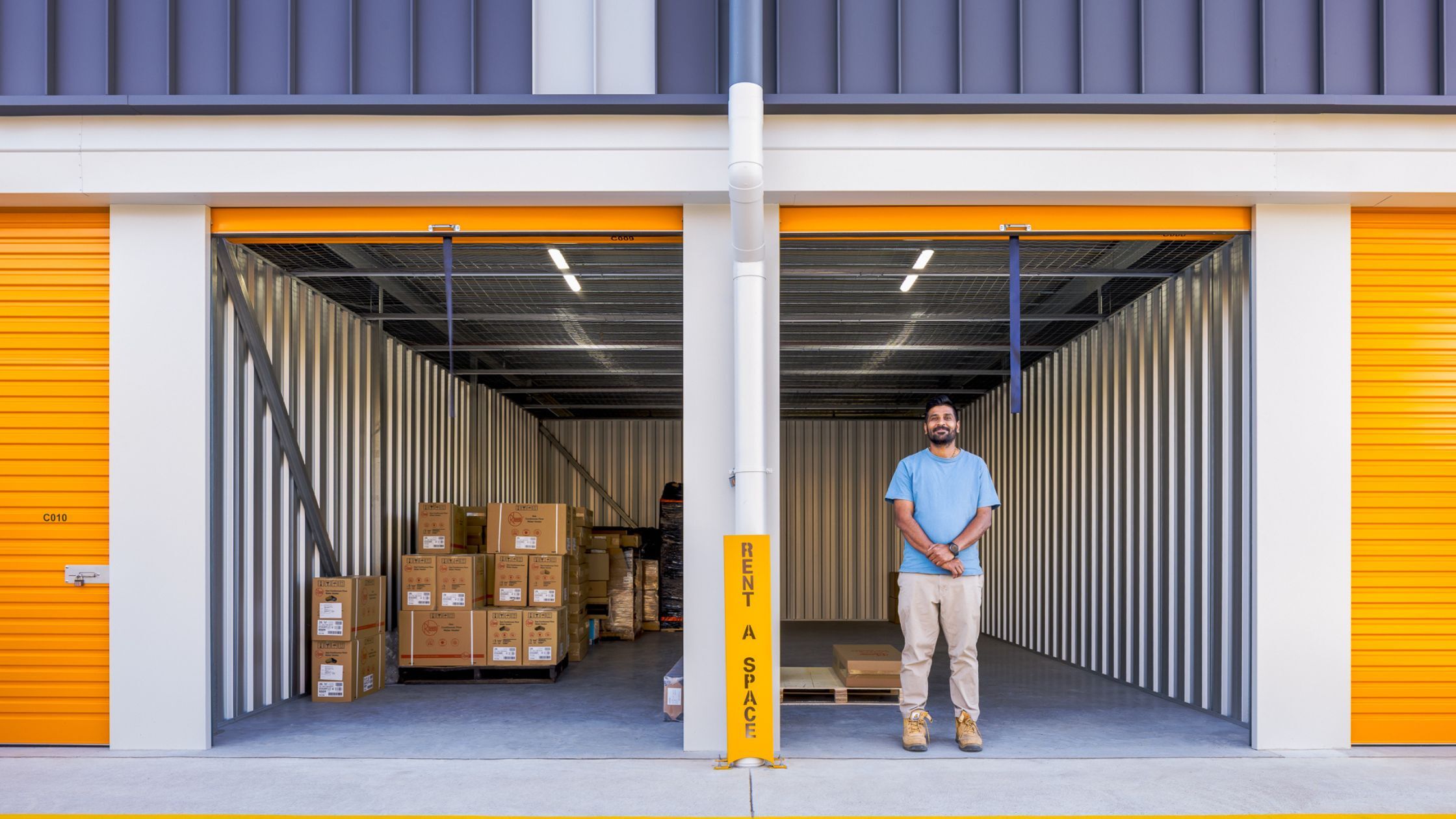 Yogesh a small business owner storing his supplies in multiple units at Rent a Space