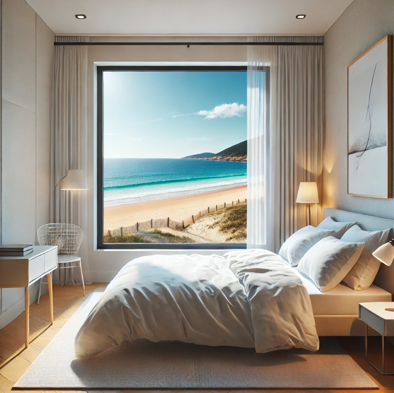 A decluttered bedroom with a view of the beach